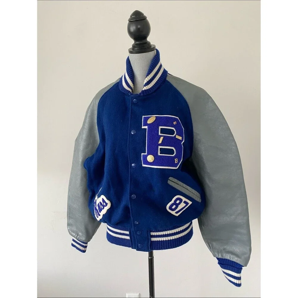 Vintage 80’ DeLONG Mens Varsity Letterman Jacket Wool Leather 46 L/XL Blue Grey